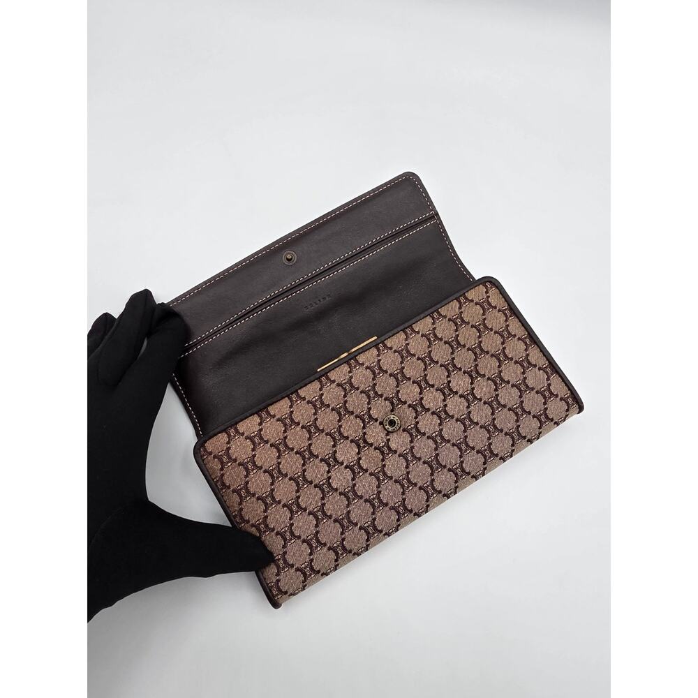 Celine Macadam Canvas Long Wallet Brown Triomphe Kiss Lock Coin Purse Vintage - Picture 7 of 16